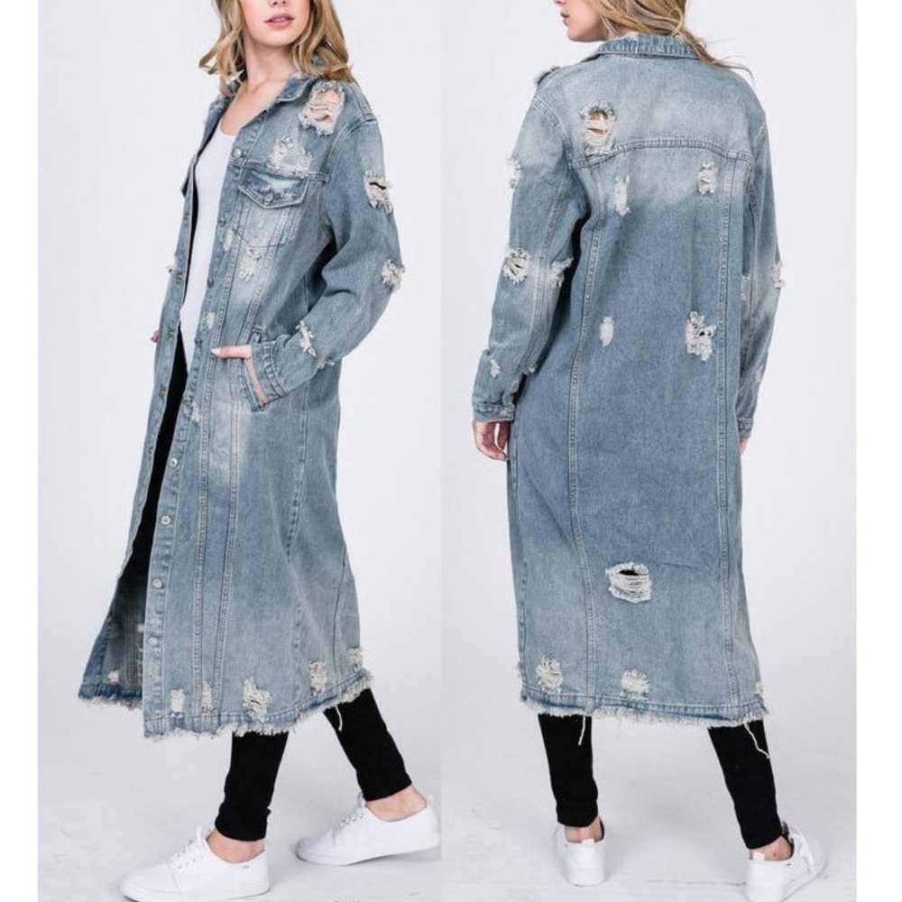 Plus Size Distressed Destroyed Vintage Long Maxi Denim Jean Jacket Coat